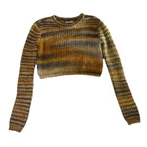 Arizona Jean Co Juniors Small Pullover Crew Neck Mustard Gray Knit Crop Sweater